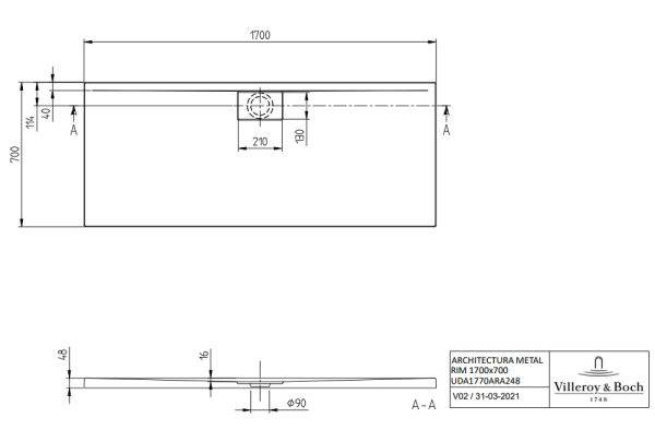 Villeroy&Boch Architectura MetalRim Duschwanne, 170x70cm, weiß, UDA1770ARA248V-01