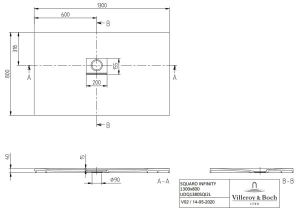 Villeroy&Boch Squaro Infinity Quaryl®-Duschwanne, Eckeinbau links gegen Wand, 130x80cm UDQ1380SQI2LV-1S
