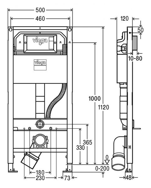 Viega Prevista Dry-WC-​Element mit Dusch-​WC-​Anschluss, BH 112cm