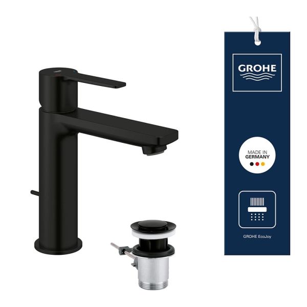 Grohe Lineare Wasserhahn S-Size, Zugstangen-Ablaufgarnitur, wassersparend, schwarz matt