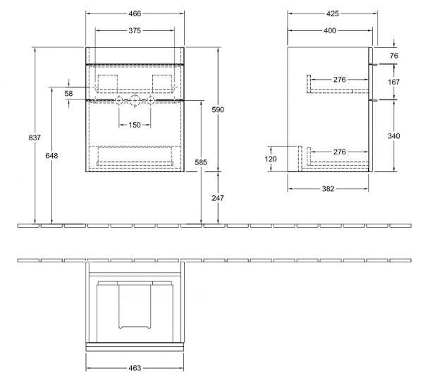 Villeroy&Boch Venticello Waschtischunterschrank mit 2 Auszügen, Breite 46,6cm, Technische Beschreibung