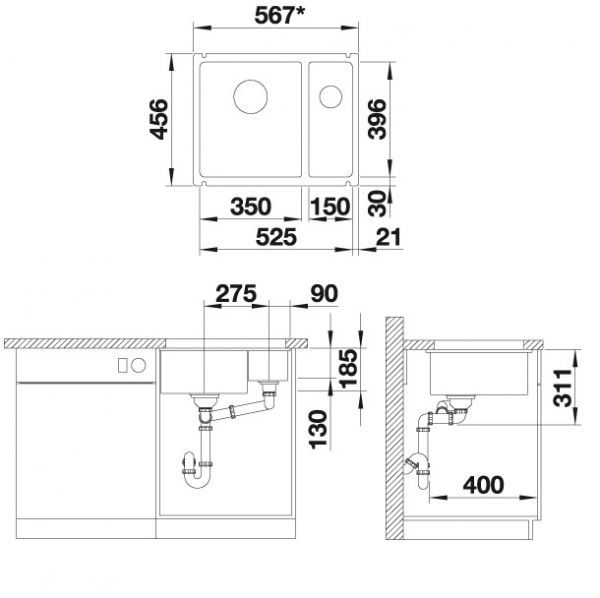 Blanco Subline 350/150-U Keramikspüle PuraPlus®, Hauptbecken links