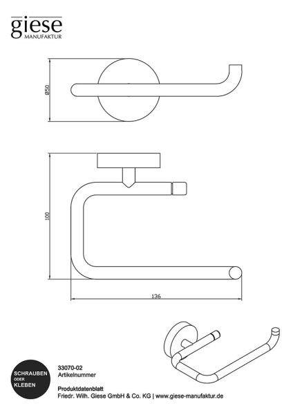 Giese Gifix Uno Papierrollenhalter zum Kleben und Schrauben, chrom