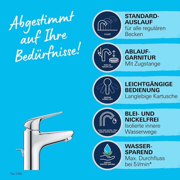 Grohe QuickFix Swift Wasserhahn mit Push-Open Ablaufgarnitur, S-Size, chrom