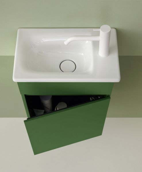 Burgbad Lin20 Gästebad Keramik-Handwaschbecken 43x27cm mit Waschtischunterschrank und 1 Tür