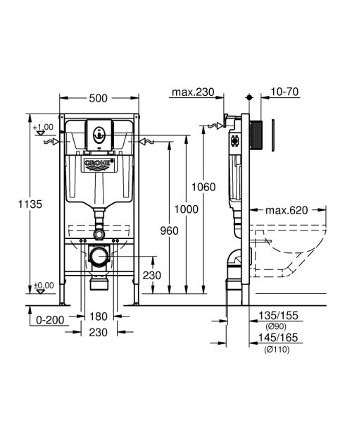 Grohe Solido 3in1 WC mit Tectron Bau E in chrom, 1,13 m Bauhöhe 39883000