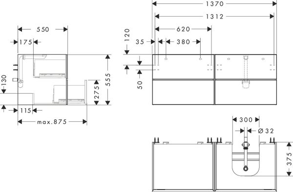 Hansgrohe Xevolos E Unterschrank 137cm für Aufsatzwaschtisch rechts mit Konsole, 4 Schubkästen