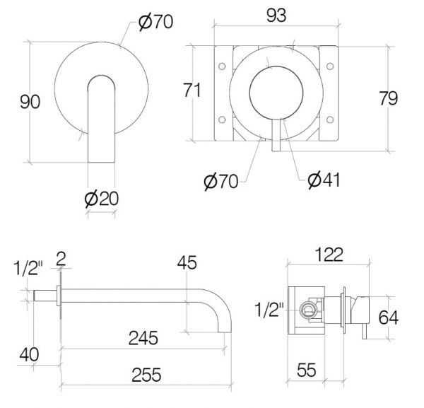 lineabeta CANOLE Waschtischarmatur, Wandmontage, Ausladung 245mm