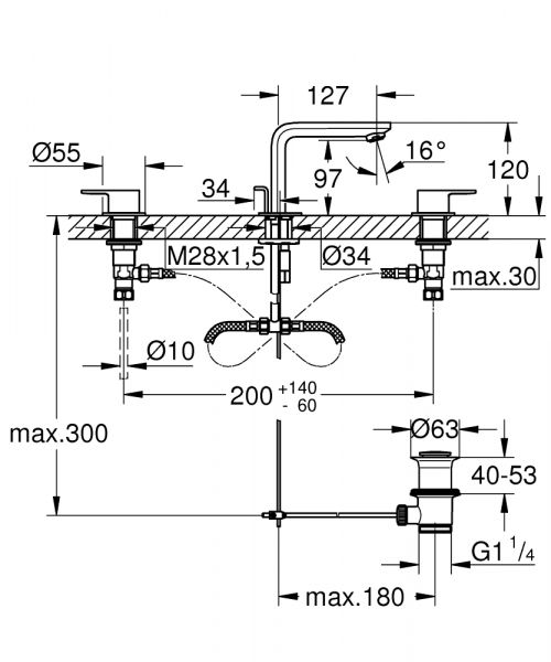 Grohe Lineare 3-Loch-Waschtischbatterie M-Size mit Ablaufgarnitur, chrom