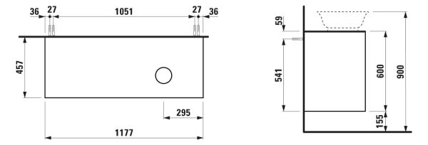 Laufen The New Classic Schubladenelement 118cm, 2 Schubladen, Ausschnitt rechts, zu H81285 0.1.2.3 techn. Zeichnung
