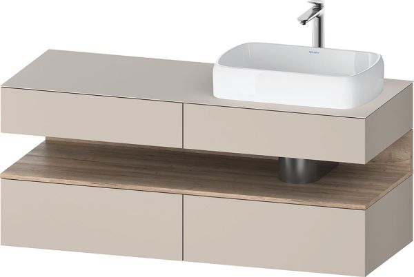 Duravit Qatego Unterschrank für Aufsatzbecken 140x55cm in taupe matt, mit offenem Fach in eiche marmoriert, Ausschnitt rechts QA4766