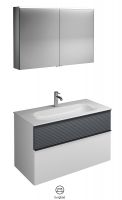 Burgbad Fiumo Badmöbel-Set 102cm, Spiegelschrank, Waschtisch und WT-Unterschrank in weiß matt, Plisséefront in graphit softmatt & Griffleiste in schwarz matt
