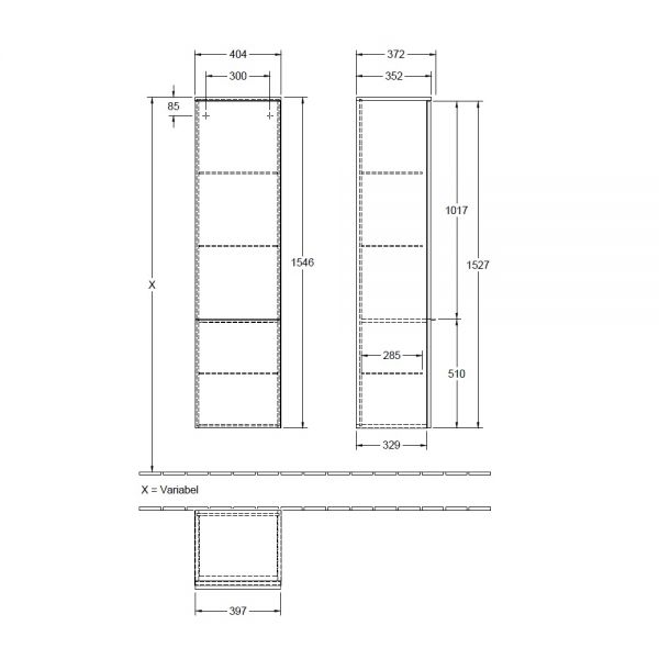 Villeroy&Boch Venticello Hochschrank mit 1 Tür, Türanschlag rechts, Technische Beschreibung