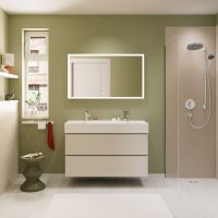 hansgrohe Xilesa E Waschtischunterschrank 118cm, 2 Schubkästen mit Grifffuge sandbeige matt