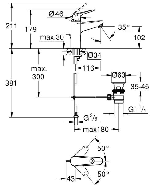 Grohe QuickFix Swift 2023 Einhand-Waschtischbatterie Zugstangen-Ablaufgarnitur, M-Size, chrom