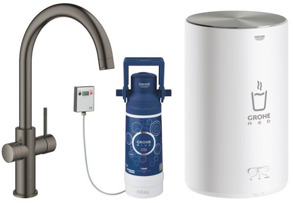 Grohe Red Duo Einhand-Spültischbatterie, C-Auslauf, Armatur u. Boiler Gr. M, hard graphite gebürstet 30083AL1