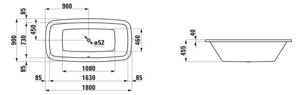 Laufen Palomba Einbau-Badewanne aus Sanitäracryl, 40mm Rand, 180x90cm, weiß techn. Zeichnung