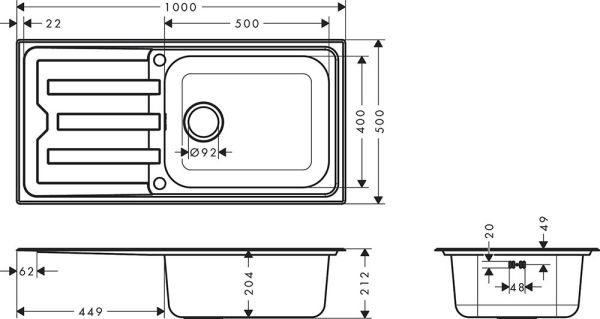 Hansgrohe S44 S440-A500 Einbauspüle 100x50cm, mit Abtropffläche, autom. Ablaufgarnitur, edelstahl