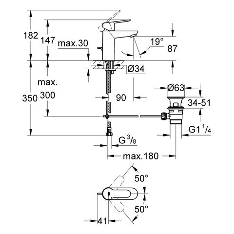 Grohe BauEdge Einhand-Waschtischbatterie mit Ablaufgarnitur, S-Size, chrom