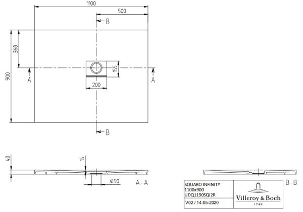 Villeroy&Boch Squaro Infinity Quaryl®-Duschwanne, Eckeinbau rechts gegen Wand, 110x90cm, technische Zeichnung