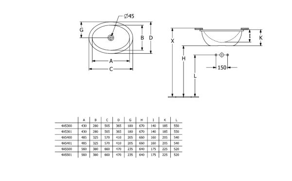 Villeroy&Boch Loop&Friends Unterbauwaschbecken oval, 48,5x32,5cm, technische Zeichnung 4A540001