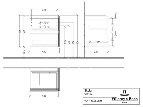 Villeroy&Boch Skyla Waschtischunterschrank C79400 57cm, 2 Auszüge