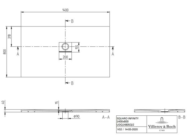 Villeroy&Boch Squaro Infinity Quaryl®-Duschwanne universal einbaubar (selb. zuschneidbar),140x80cm UDQ1480SQI2V-1S