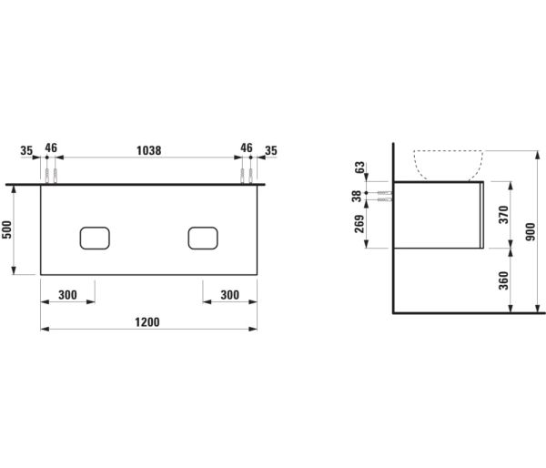 Laufen IL BAGNO ALESSI ONE Schubladenelement 1200, Ausschnitt links & rechts, zu WT H818975/6