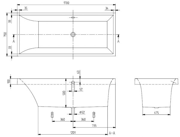 Villeroy&Boch Squaro Rechteck-Badewanne 170x75cm Maße