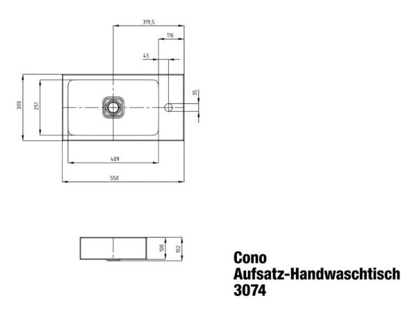 Kaldewei Cono MOD.3074 Aufsatz-Handwaschbecken 55x30cm, mit Perl-Effekt