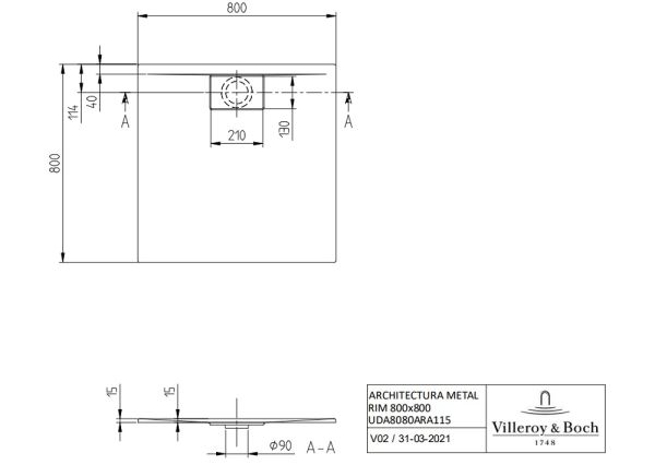Villeroy&Boch Architectura MetalRim Duschwanne, Randhöhe 1,5cm, superflach, 80x80cm UDA8080ARA115V-1S