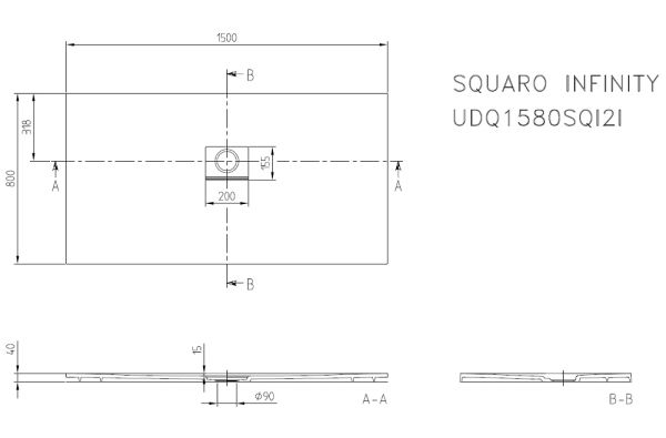 Villeroy&Boch Squaro Infinity Quaryl®-Duschwanne, flächenbündiger Einbau, 150x80cm techn. Zeichnung