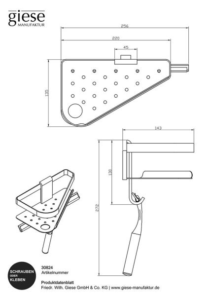 Giese Newport Eckduschkorb mit Halter für Rasierer, Haken und Wischer, Kleben und Schrauben, schwarz