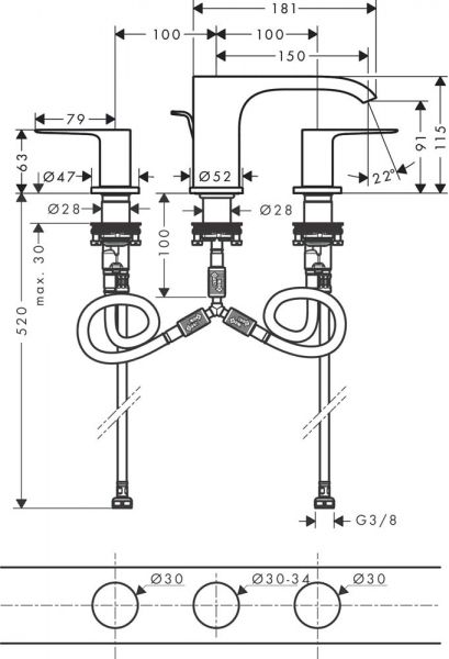 Hansgrohe Vivenis 3-Loch Waschtischarmatur 90 mit Zugstangen-Ablaufgarnitur, mattweiß 75033700