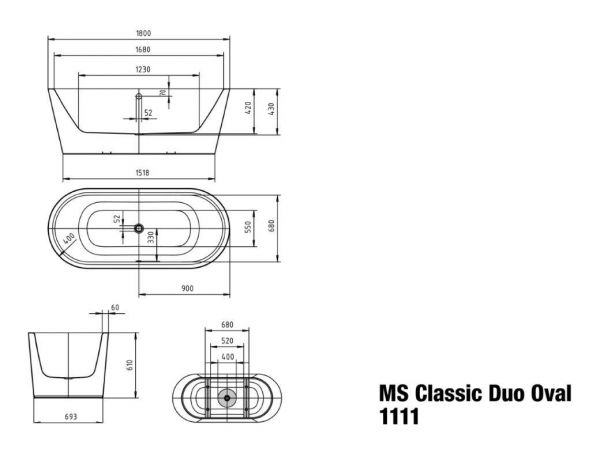 Kaldewei Meisterstück Classic Duo Oval freistehende Badewanne 180x80cm, weiß Mod.1111