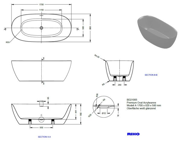 RIHO Alpha Badewanne freistehend inkl. Ablauf und Füße, 170x80cm, weiß glänzend BD21005_6