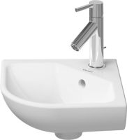 Vorschau: Duravit ME by Starck Eck-Handwaschbecken 43,5x38cm mit Überlauf, 1 Hahnloch, WonderGliss, weiß seidenmatt 07224332001