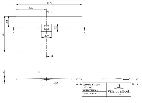 Villeroy&Boch Squaro Infinity Quaryl®-Duschwanne, Eckeinbau links gegen Wand, 130x70cm UDQ1370SQI2LV-1S
