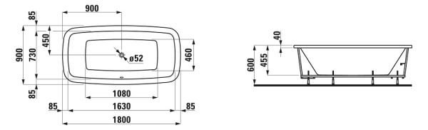 Laufen Palomba Einbau-Badewanne aus Sanitäracryl, 40mm Rand, inkl. Fußgestell, 180x90cm, weiß, techn. Zeichnung