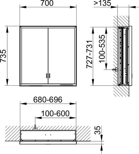 Keuco Royal Lumos Spiegelschrank für Wandeinbau, 2 lange Türen, DALI-steuerbar, 70x73,5cm 14317172303
