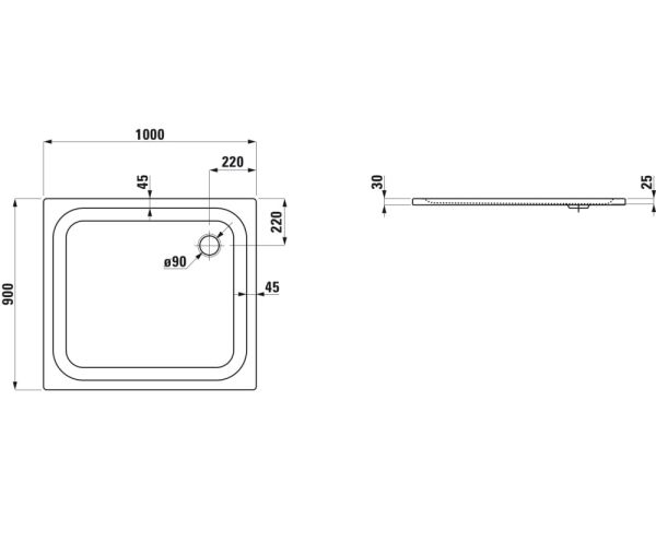 Laufen Platina Duschwanne 100x90cm ultraflach, Einbauhöhe 2,5cm