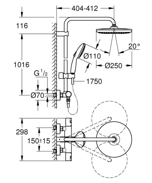 Grohe QuickFix Vitalio Start System 250 Duschsystem mit Thermostat für Wandmontage, chrom