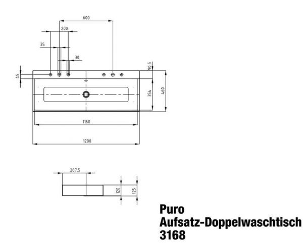 Kaldewei Puro Aufsatzwaschtisch 120x46x12cm, Perl-Effekt Mod. 3168