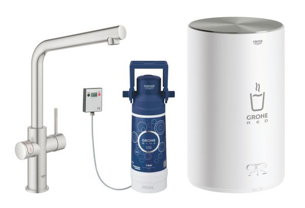 Grohe Red Duo Einhand-Spültischbatterie, L-Auslauf, Armatur und Boiler Größe M, supersteel