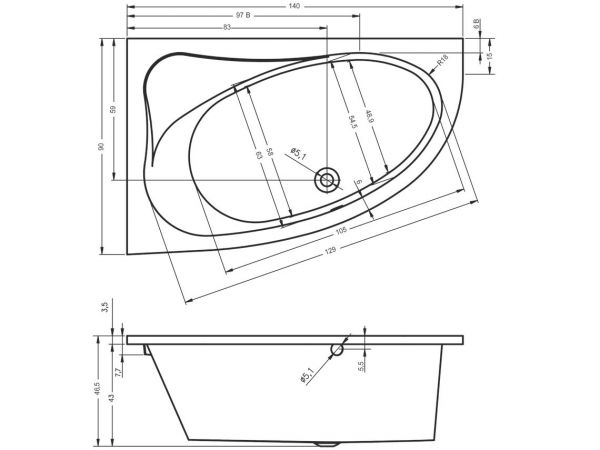 RIHO Aryl Raumsparwanne 140x90cm Ecke links, weiß