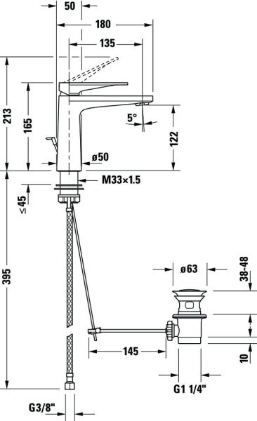Duravit Tulum Einhebel-Waschtischmischer Fresh-Start mit Zugstangen-Ablaufgarnitur, chrom, TU1021001010. techn. Zeichnung