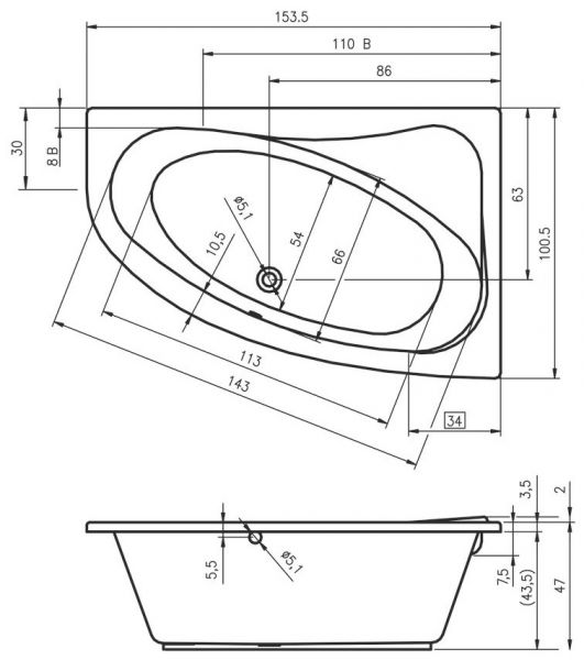 RIHO Aryl Raumsparwanne 153,5x100,5cm Ecke rechts, weiß