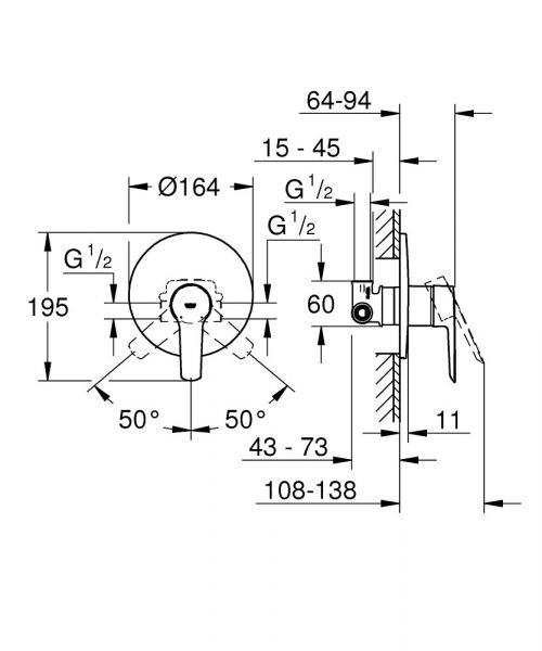 Grohe Start Brausebatterie inkl. Unterputzkörper chrom 32590002 Zeichnung