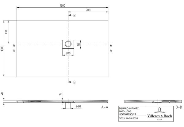 Villeroy&Boch Squaro Infinity Quaryl®-Duschwanne, Eckeinbau rechts gegen Wand, 160x100cm, technische Zeichnung