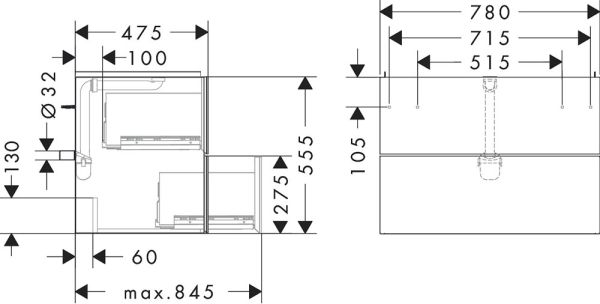 Hansgrohe Xevolos E Waschtischunterschrank 78x47,5cm für Waschtisch, 2 Schubkästen